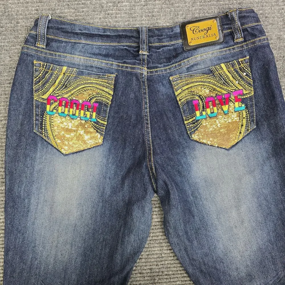 COOGI Jeans Womens 13/14 31x32 Blue Straight Leg Sequin LOVE Y2K Embellished
